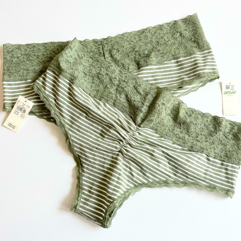 Aerie Superchill Olive Lace and Stripe Panties Medium NWT